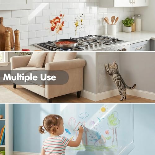 Clear Static Cling Wall Protector Film 17.7in x 32.8ft, Waterproof Oil-Resistant Kitchen Backsplash Protector, Plastic Cover for Painted Walls, Cabinets, Doors, Furniture, Cat Dog Scratch Guard