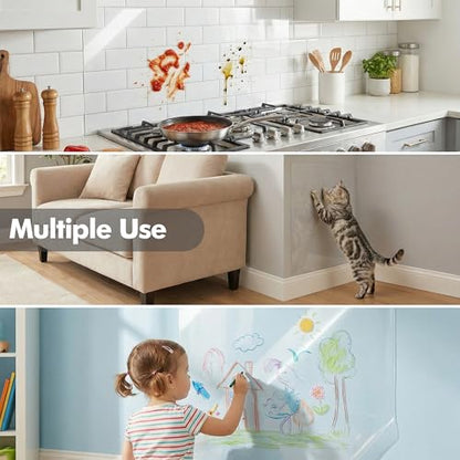 Clear Static Cling Wall Protector Film 17.7in x 32.8ft, Waterproof Oil-Resistant Kitchen Backsplash Protector, Plastic Cover for Painted Walls, Cabinets, Doors, Furniture, Cat Dog Scratch Guard