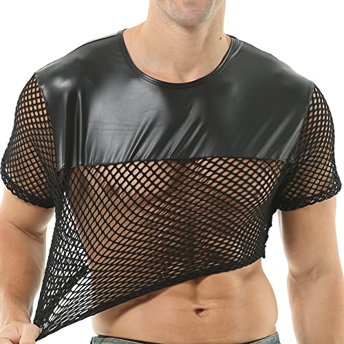Men's Fishnet Shirts Mesh Crop Top See Through Round Neck Short Sleeve Sexy Muscle Tee for Men Daily - color: Black-leather, size: Medium
