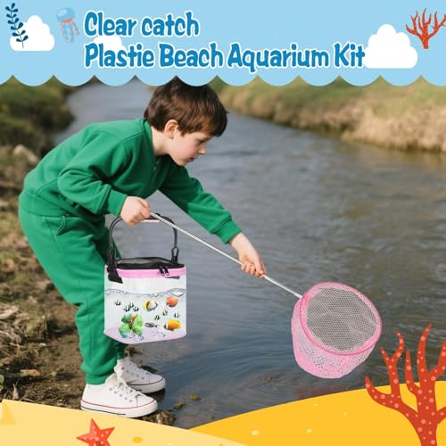 2 Sets Catch Plastic Beach Aquarium Kit, Release Aquarium Box for Beach with Retractable Net Bag and Transparent Portable Handheld（Pink）