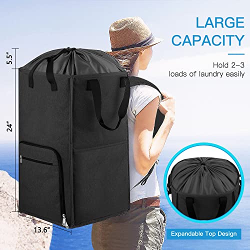 Bukere Laundry Backpack Bag, Extra Large 2 in 1 Laundry Hamper Basket for College Students Dorm Essentials, Adjustable Shoulder Straps, Freestanding Laundry Bag (Black&Black) - color: Black&Black