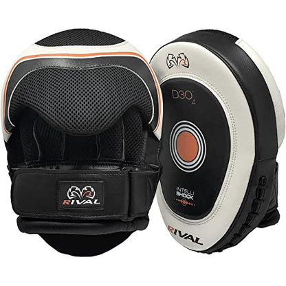 RIVAL Boxing RPM10 2.0 Intelli-Shock Punch Mitts - Bigger Punching Surface for Maximum Impact Absorption, Pre-Curved, Built-in Grip - color: Black/White
