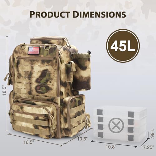 Fishing Backpack, Fishing Tackle Backpack with Rod Holders for 4 Boxes (Box Not Included) 45L Waterproof Fishing Gear, Ideal for Men and Women Large Tackle Box Bag (Sahara Khaki Camo) - color: Sahara Khaki Camo