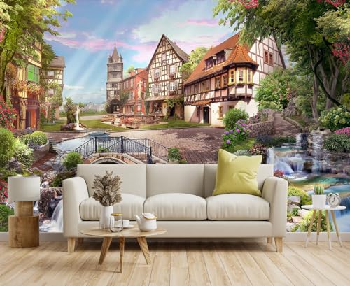 Flowery Waterfall and Beautiful Street Scene in the Sunshine wall Mural for Living Room, Bedroom, Bathroom Backdrop Decoration（Non-self-Adhesive） - color: MURAL-205, size: 127" x 77"