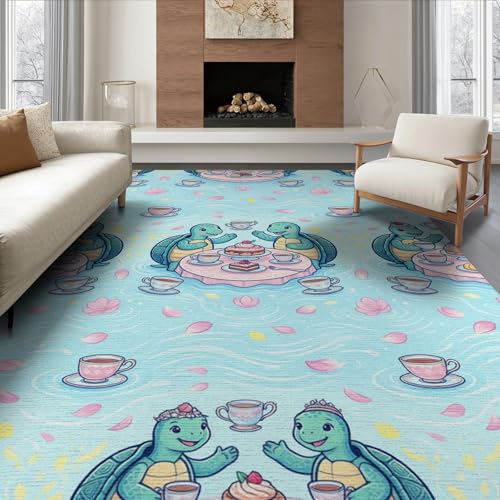 8'x10' Washable Kawaii Cherry Blossom Large Rug, Teal Non-Shedding Pet Friendly Carpet for King Size Bedroom, Master Suite, Under Bed, Foldable Easy Care Mat | Ref:1955471 - color: Blue/Pattern 1, size: 8' x 10' (Rectangular)