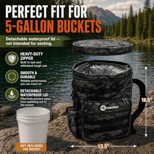 Fishing Bucket Organizer for 5 Gallon Bucket, Fishing Tackle Bag with Backpack Straps, Detachable Lid & Multi-Pockets for Storage, Full Water-Resistant (Bucket, Seat & Tools Not Included) - style: Basic (Bucket, Seat & Tools Not Included)