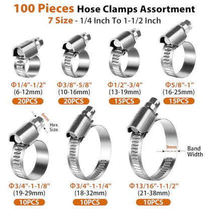 Heavy Duty Hose Clamp, Stainless Steel Hose Clamps Assortment for 1/4 Inch to 1-1/2 Inch Hose Pipe,100 PCS Small Worm Gear Hose Clamp Kit for Fuel Line Radiator Coolant Plumbing Automotive