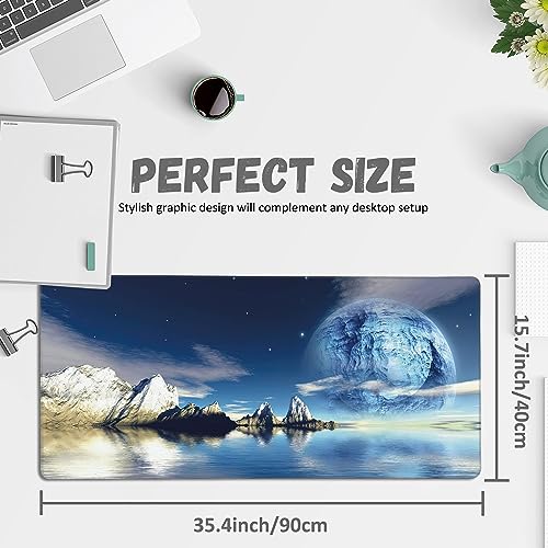Extended Gaming Mouse Pad SciFi Space Moon Large Mousepad with Stitched Edges,Anti-Slip Rubber Base Keyboard Mouse Mat Desk Pad for Gaming Home Office 35.4 x 15.7 inches - color: Scifi Space Moon
