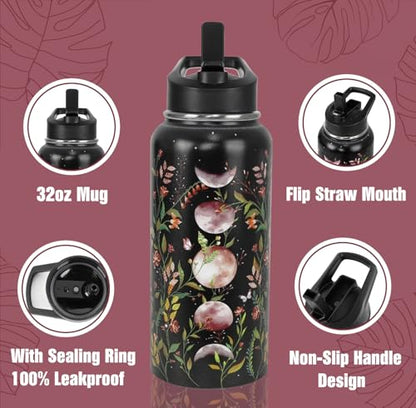 Goth Water Bottle with Straws Insulated Bottle Halloween Gothic Flower Moon Travel Thermal Double Walled Vacuum Cup Leak Proof Stainless Steel Tumbler Witchy Decor Gifts-32 oz - color: Champagne gold black