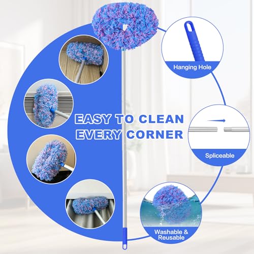 Ceiling Fan Cleaner Duster Reusable Microfiber Ceiling Fan Blade Cleaner Removable Duster with Extension Pole Adjusts 13 to 49.7 Inch for Cleaning Walls Furniture Door Window Top (Blue Pink)