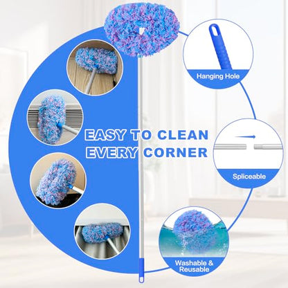 Ceiling Fan Cleaner Duster Reusable Microfiber Ceiling Fan Blade Cleaner Removable Duster with Extension Pole Adjusts 13 to 49.7 Inch for Cleaning Walls Furniture Door Window Top (Blue Pink)