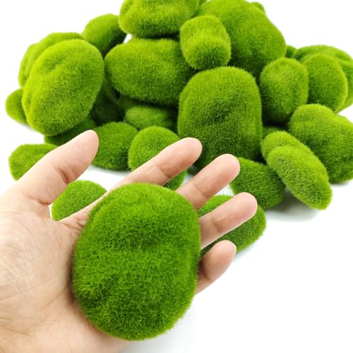 TIHOOD 50 PCS 5 Size Artificial Moss Rocks Decorative, Green Moss Balls,Moss Stones, Green Moss Covered Stones, Fake Moss Decor for Floral Arrangements, Fairy Gardens and Crafting