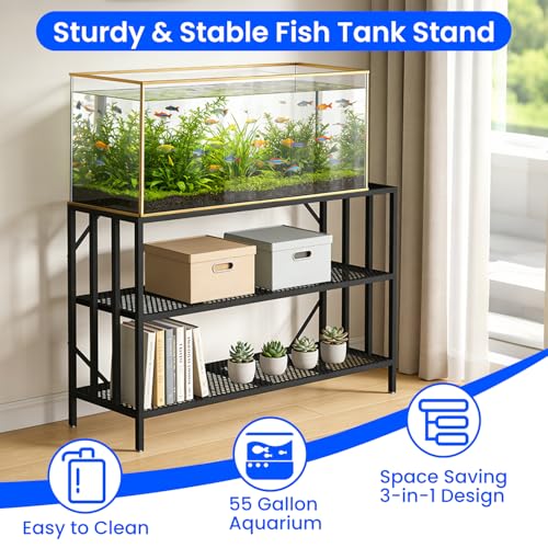 55-75 Gallon Aquarium Stand, Heavy Duty 3 Tier Fish Tank Stand with Adjustable Storage Shelf, Metal Frame Holds 1000 LBS, Stable Anti-Slip Design (55-75 Gallon)
