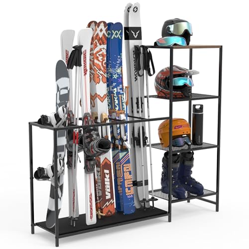 Freestanding Ski Rack, Ski Storage Rack w/Width-Adjustable Bars | Ski & Snowboard Rack Organizer for Garage, Home