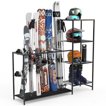 Freestanding Ski Rack, Ski Storage Rack w/Width-Adjustable Bars | Ski & Snowboard Rack Organizer for Garage, Home
