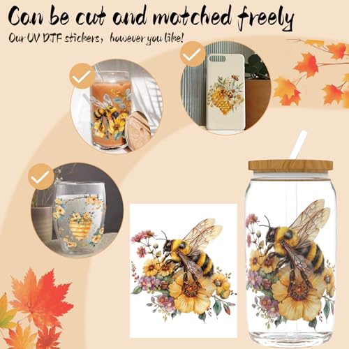 24pcs Bee UV DTF Cup Wrap for Glass Series UV DTF Cup Wraps for 16OZ Glass, Decorative Cups, Bottles, etc., Crafts, DIY Art Supplies Packaging Transfer Paper - style: Bee