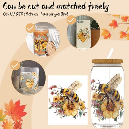 24pcs Bee UV DTF Cup Wrap for Glass Series UV DTF Cup Wraps for 16OZ Glass, Decorative Cups, Bottles, etc., Crafts, DIY Art Supplies Packaging Transfer Paper - style: Bee