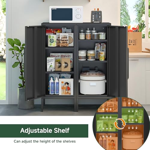 Metal Storage Cabinet with Door & 2 Adjustable Shelves 39.5” Small Storage Cabinet with Magnetic Closure for Home Office Garage Kitchen (Black)
