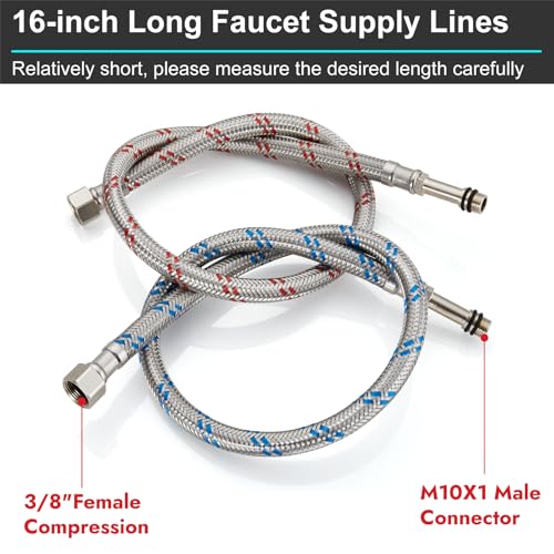 16-Inch Long Faucet Water Supply Lines, Braided Stainless Steel Supply Hose 3/8-Inch Female Compression Thread x M10 Male Connector, x 2 Pcs (1 Pair) - size: 16 Inch