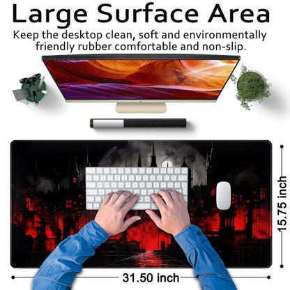 Black Castle Large Mouse Pad Red and Black Mousepad Gaming Playmat Game Mat, Big Full Keyboard and Mouse Pads Cool Desk Pad for Keyboard with Stitched Edges Anti-Slip Desk mat 31.5" X 15.7 " - color: Black and Red Castle