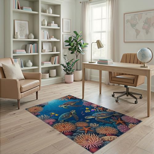 4'x6' Washable Beachy Turtle Accent Rug, Pink Non-Shedding Small Carpet for Playroom, Bedroom, Reading Nook, Pet Friendly & Kids Safe Play Mat | Ref:1955521 - color: Blue/Pattern 24, size: 4' x 6' (Rectangular)