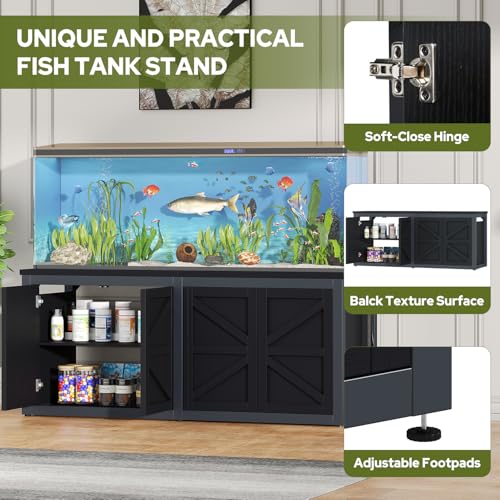 knoworld 180-200 Gallon Fish Tank Stand with Built-in Power Outlet, 71.6" L x 23.6" W Heavy Duty Aquarium Stand with Cabinet Storage, 3500 LBS Steel Frame Terrarium Base for Living Room Display, Black