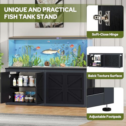 knoworld 180-200 Gallon Fish Tank Stand with Built-in Power Outlet, 71.6" L x 23.6" W Heavy Duty Aquarium Stand with Cabinet Storage, 3500 LBS Steel Frame Terrarium Base for Living Room Display, Black