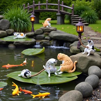 7 Pcs Cat Fishing Figurine, Cute Cat Statue Decor, Resin Mini Fish Tank Decorations Craft Sculpture for Aquarium Tanks Desk Yard Pond Indoor Outdoor