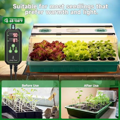 Seed Starter Tray with Grow Light and Thermostat Controller Heat Mat, 10"x 20.75" Heat Mats for Plant Growing，68-113°F Adjustable，Color Change Grow Lights，Germination Trays Kits (Green, 60 Cells)