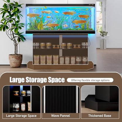55-75 Gallon Fish Tank Stand with Power Outlet, 880LBS Modern Fluted Aquarium Stand with Storage Cabinet, Heavy Duty Reptile Turtle Tank, Black