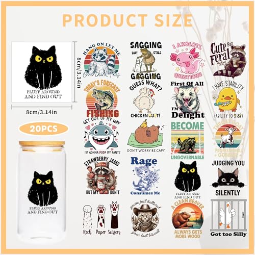 UV DTF Cup Wraps - 20 Sheet Funny Animal UV DTF Transfer Stickers, Fun Cup Wraps for Glass, Humorous Waterproof Decals, DIY Crafts for Self, Friends, Family
