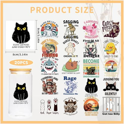 UV DTF Cup Wraps - 20 Sheet Funny Animal UV DTF Transfer Stickers, Fun Cup Wraps for Glass, Humorous Waterproof Decals, DIY Crafts for Self, Friends, Family