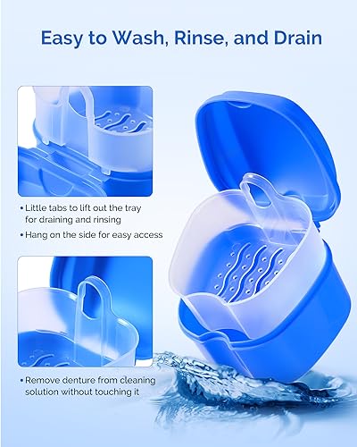JMU 2 Pcs Denture Bath Case, Denture Cup with Strainer Basket Tray - color: Navy Blue,Teal Blue