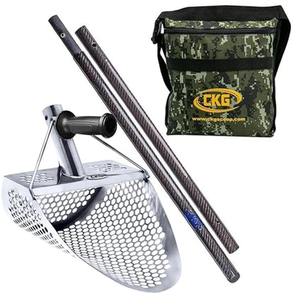 Sand Scoops for Beach Metal Detecting Stainless Steel Beach Metal Detecting Shovel Underwater Treasure Hunting, Metal Detector Accessories(Bag + Scoop + Carbon Fiber Handle), (11x8 + Handle) - size: 11 x 8 in + Handle