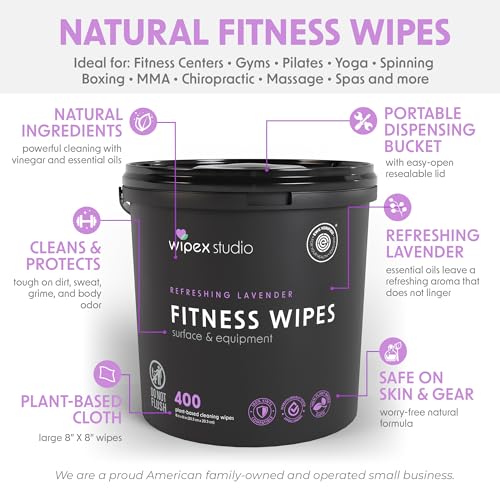 Wipex Gym Wipes - Natural Fitness Equipment Wipes, EWG Verified, Plant-Based Cloth with Lavender & Vinegar, All-Purpose Cleaner - Safe on Peloton Bikes & Yoga Mats, 400 Count - size: 400 Count (Pack of 1), style: Lavender: Bucket