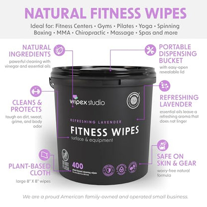 Wipex Gym Wipes - Natural Fitness Equipment Wipes, EWG Verified, Plant-Based Cloth with Lavender & Vinegar, All-Purpose Cleaner - Safe on Peloton Bikes & Yoga Mats, 400 Count - size: 400 Count (Pack of 1), style: Lavender: Bucket