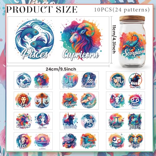 12 Sheets Zodiac UV DTF Stickers for 16 OZ Glass Cups, 12 Constellation UV DTF Cup Wraps Waterproof PVC Transfer Stickers for DIY Laptop Phone Case Decor - style: Zodiac
