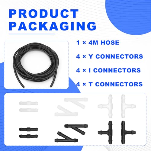 4 Meter Universal Car Windshield Washer Hose Tube Replacement Kit with 12 Connectors for Windshield Wiper Jet Nozzle Repair and Glass Washing System Maintenance