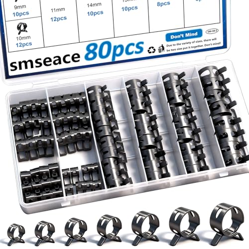 Spring Hose Clamp Assortment kit 7-18mm 8-sizes Constant Tension Hose Clamp used for Fuel Line，Vacuum Hose，Air Hose Spring Band Hose Clamp Kit - size: 7-18mm 80Pcs