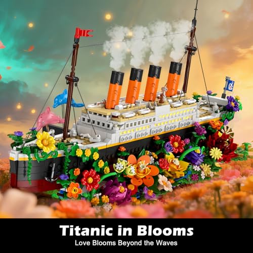 INSOON Botanical Titanic Ship Building Set with Lights, 1860 PCS Floral Display Model, Home Decor Building Kit for Adults, Unique Gift for Women, Flower and Titanic Lovers