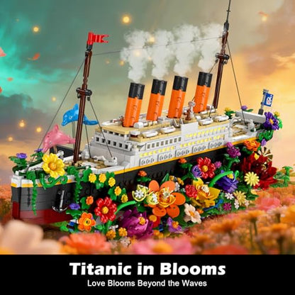 INSOON Botanical Titanic Ship Building Set with Lights, 1860 PCS Floral Display Model, Home Decor Building Kit for Adults, Unique Gift for Women, Flower and Titanic Lovers