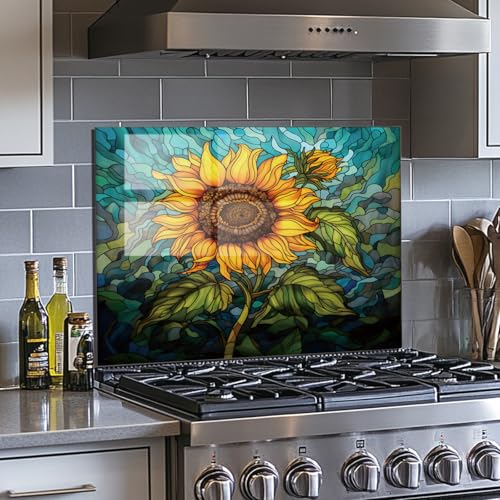 Evgosm Tempered Glass Backsplash for Kitchen， Stove Splashback, sunflower Glass Backsplash, Used for Kitchen Wall Protection and Decoration, Easy to Install and Clean. (30x20'') - size: 30"L x 20"W, style: sunflower