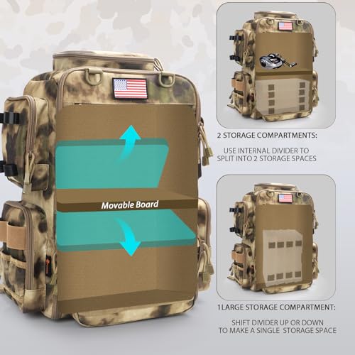 Fishing Backpack, Fishing Tackle Backpack with Rod Holders for 4 Boxes (Box Not Included) 45L Waterproof Fishing Gear, Ideal for Men and Women Large Tackle Box Bag (Sahara Khaki Camo) - color: Sahara Khaki Camo