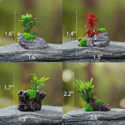 Kai Dream Miniature Fake Stone Rocks, Trees Stumps with Plants -7 Piece Decorative Landscape Ornaments for Fairy Garden Accessories, Zen Garden, Diorama