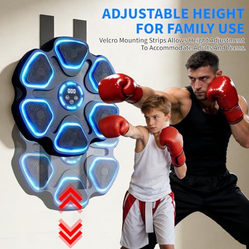 Leann L!fe Music Boxing Machine, Bluetooth Wall Mounted Boxing Trainer for Adults & Teens, Strong Adhesive Mount (No Drill), 11 Modes & 9 Speeds, 2 Pairs of Boxing Gloves & Reflex Ball, Blue Light - color: Black-Blue Light