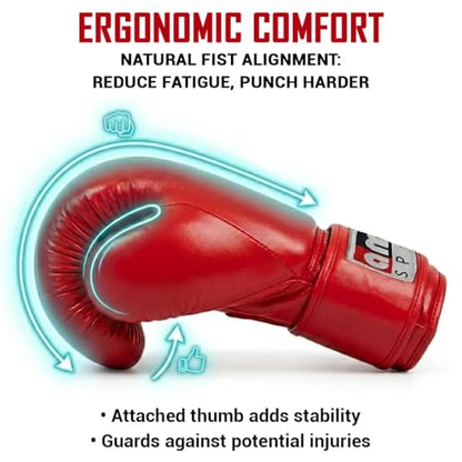 Amber Fight Gear Professional Leather Fight Gloves – Competition Ready Boxing & Kickboxing Gloves – Padded Multi-Layered Foam – Pre-Curved Safety Design – Sizes 8oz, 10oz, 12oz – Red & Blue - color: Red, size: 12 oz