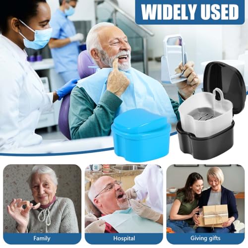 KISEER 2 Pack Colors Denture Bath Case Cup Box Holder Storage Soak Container with Strainer Basket for Travel Cleaning (Light Blue and Black) - color: Light Blue and Black