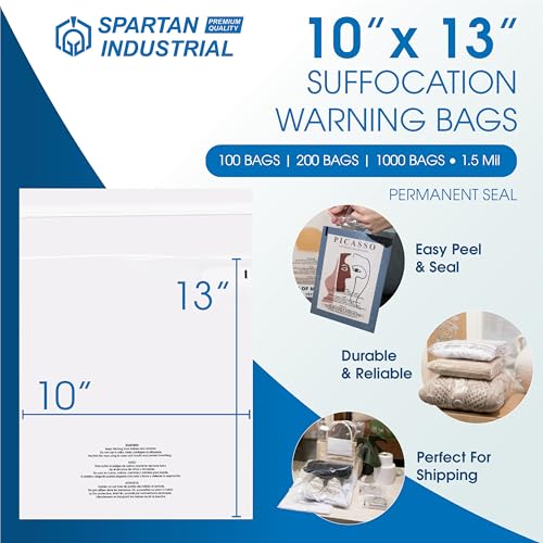 Spartan Industrial - 10” X 13” (100 Count) Self Seal Clear Poly Bags with Suffocation Warning for Packaging, T Shirts - Permanent Adhesive - size: 10" X 13"