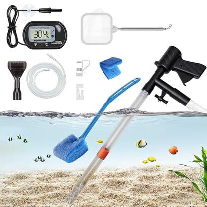 Fish Tank Cleaner Kit with Digital Thermometer, Gravel Vacuum for Aquarium, Aquarium Vacuum & Siphon, Fish Tank Cleaning Kit, Safe for Shrimp & Small Fish