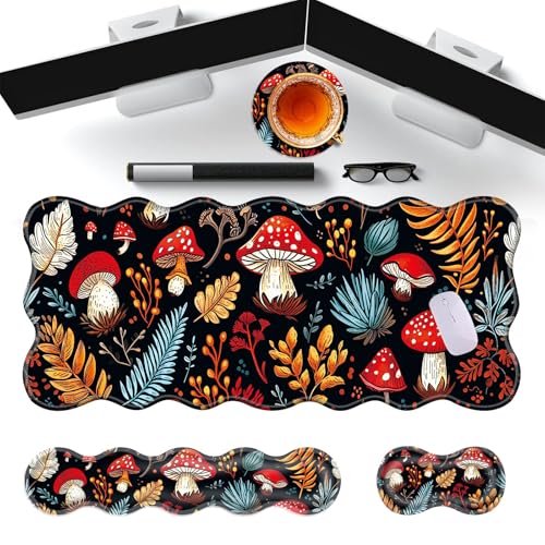 Large Gaming Mouse Pad, Keyboard Wrist Rest Pad & Wrist Support Mousepad Set, Stitched Edge, Extended, Non-Slip Base, Memory Foam Desk Mat for Office, Home,Cute Mushrooms - color: Cute Mushrooms